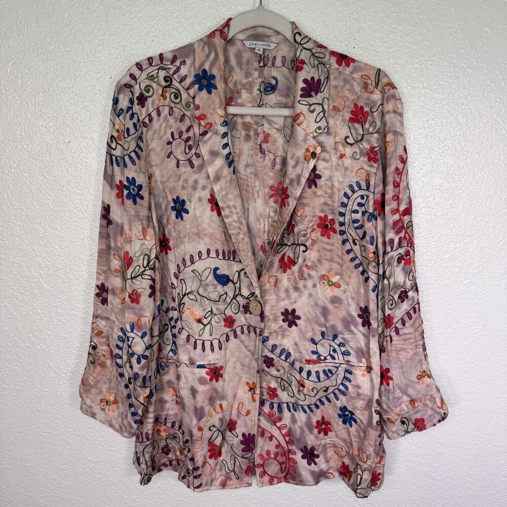 John Mark Blazer Jacket Women Medium Embroidered Paisley Floral Boho Artsy Rayon